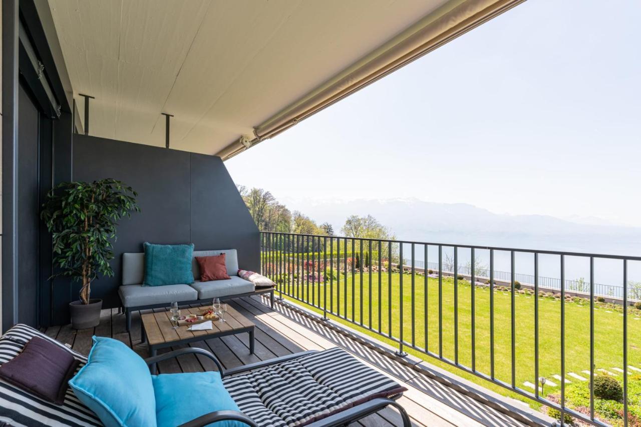 Les Terrasses De Lavaux 1 - Appartement De Luxe Avec Vue Panoramique Et Piscine Puidoux 외부 사진